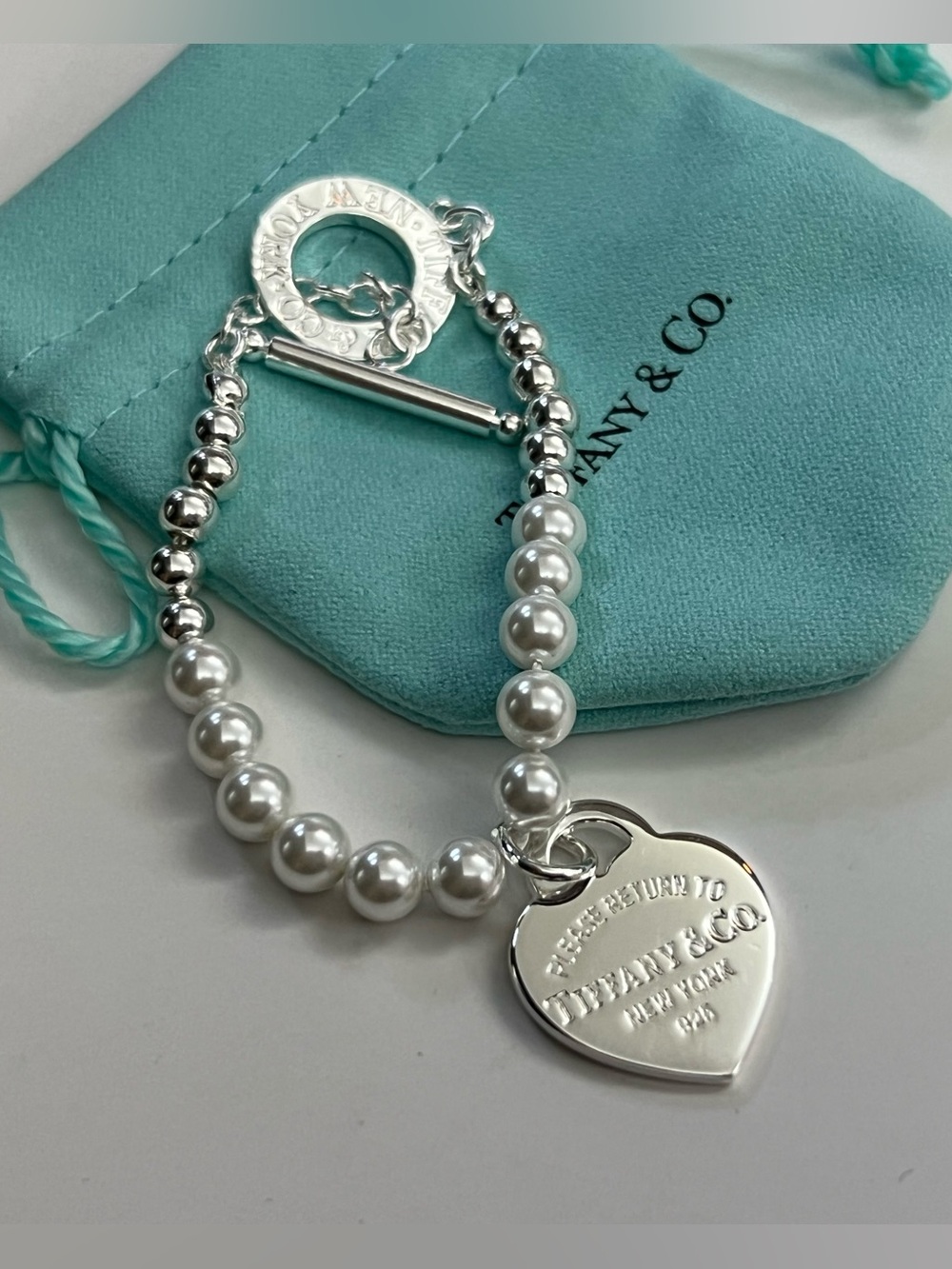 Tiffany & Co. Pearl and Sterling Heart Tag Bracelet